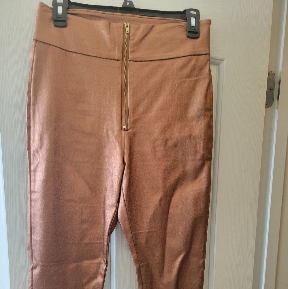 Metallic copper zip front pants!
